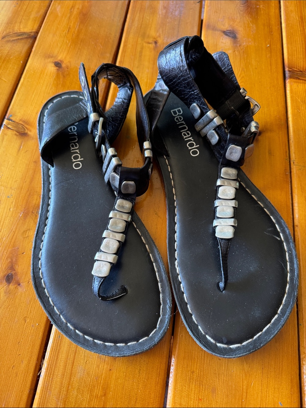 Bernardo Black T-Strap Women’s Sandals with Silver Accents